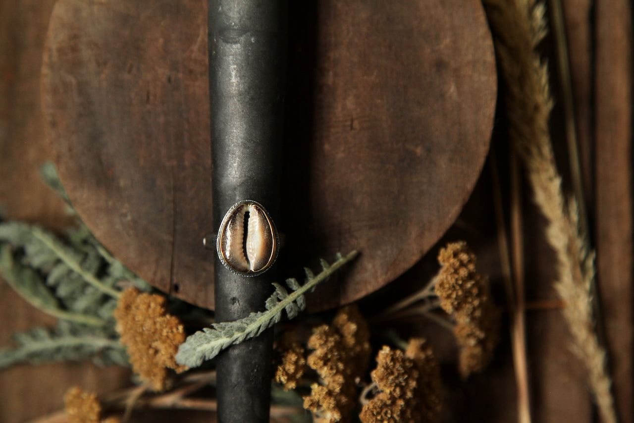 US 8 || Hawaiian Snake Head Cowry Ring || 14k gold + Silver