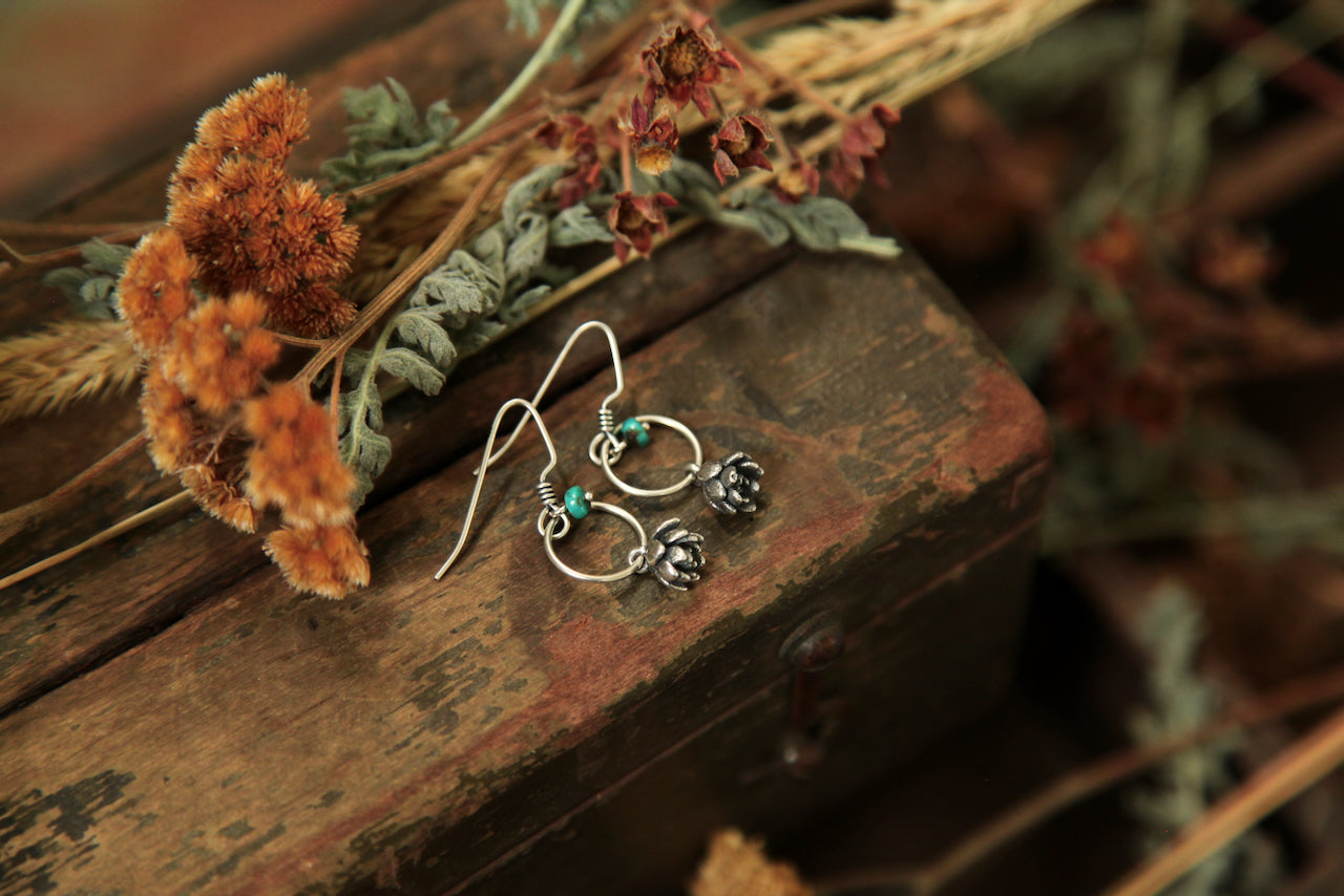 NO. 17 - Grounded - Silver Succulent and Turquoise Earrings