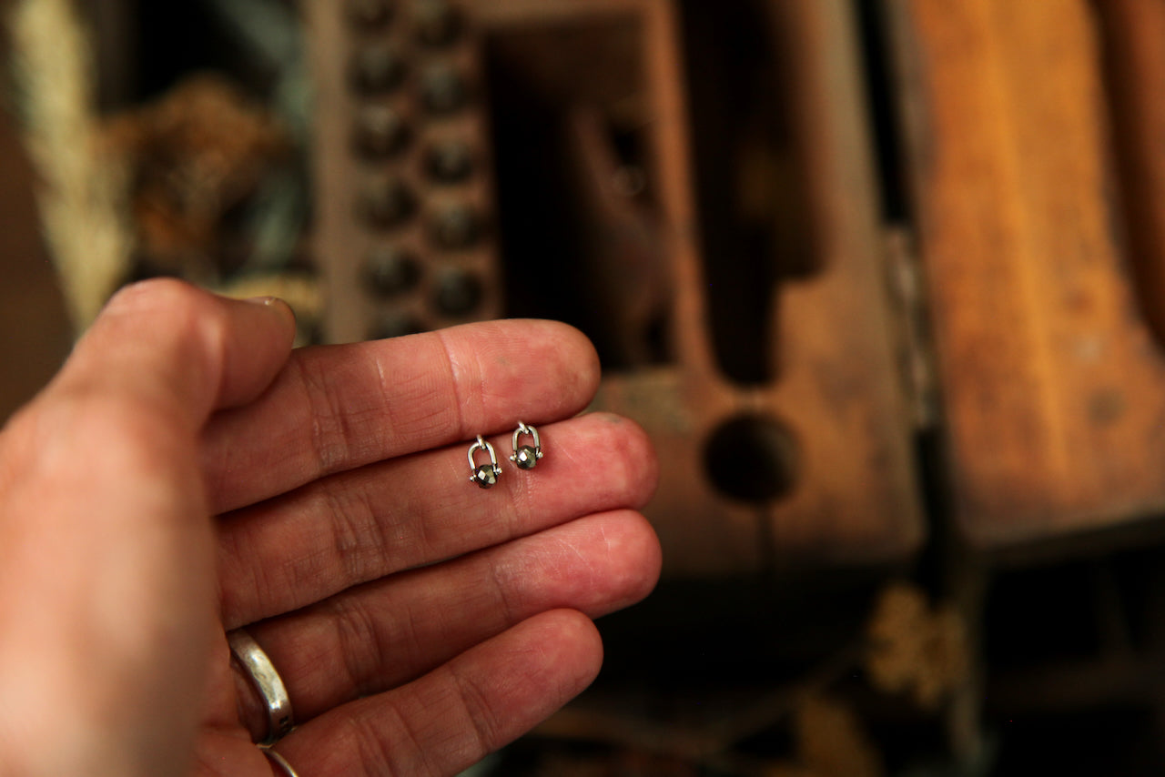 Tiny Pinned Pyrite - Sterling Silver Earrings