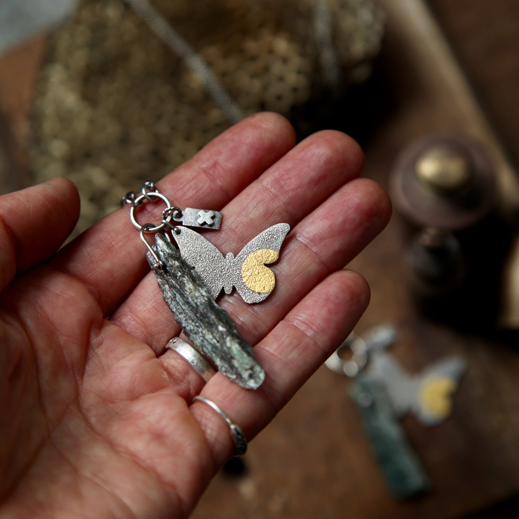 Solace in stone - Sterling Silver + 24K Gold and Kyanite Necklace