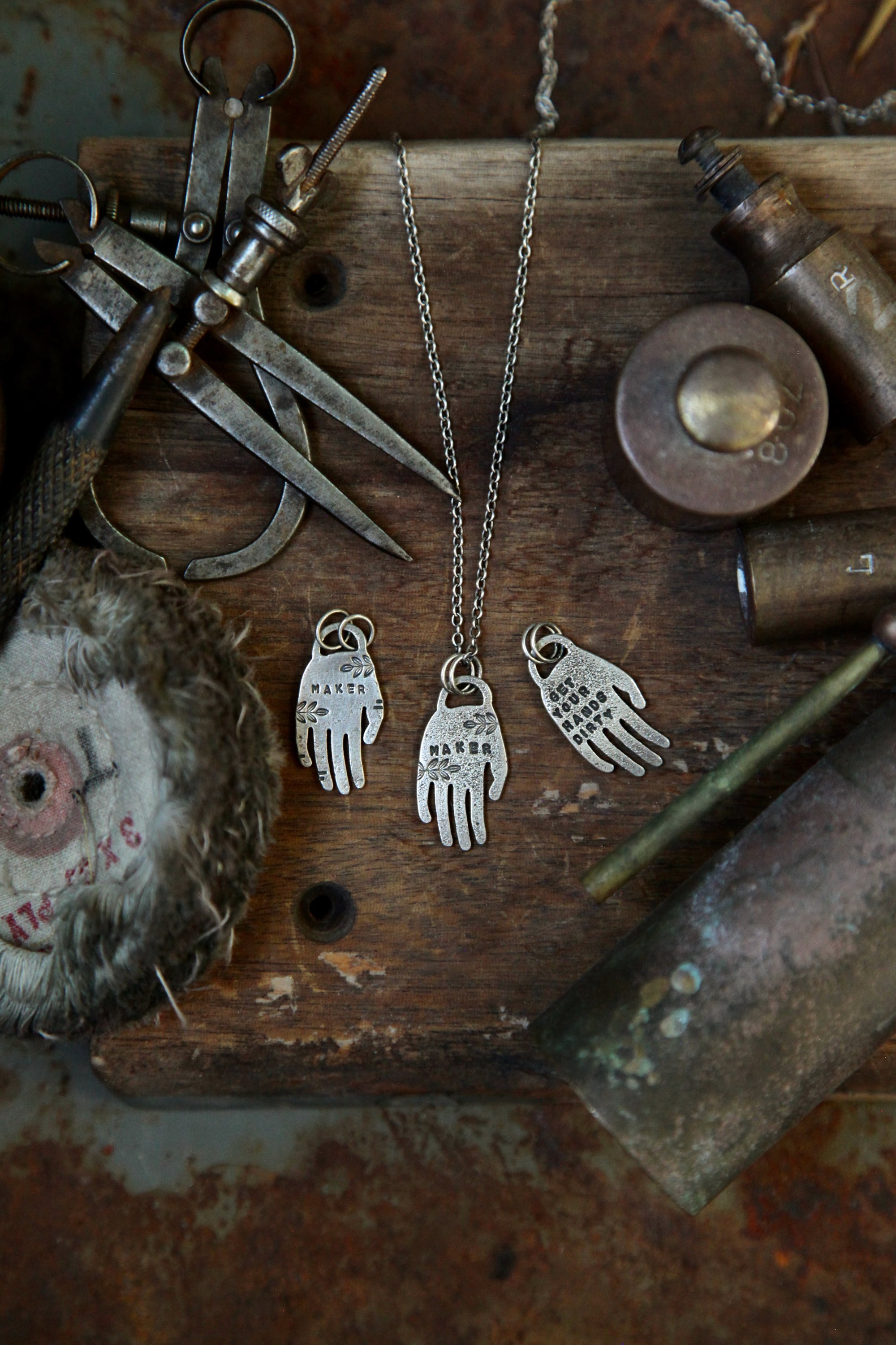 Maker/Hands Dirty - Silver Hand Necklace