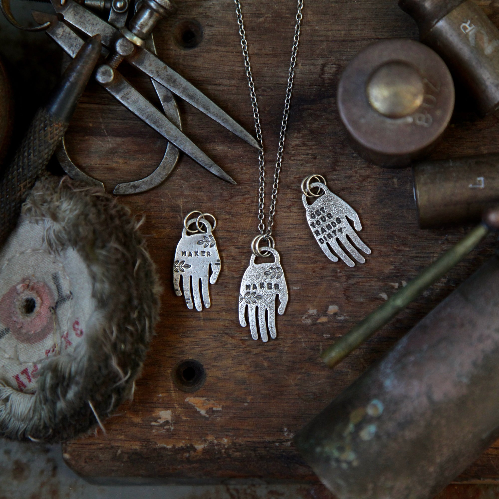 Maker/Hands Dirty - Silver Hand Necklace