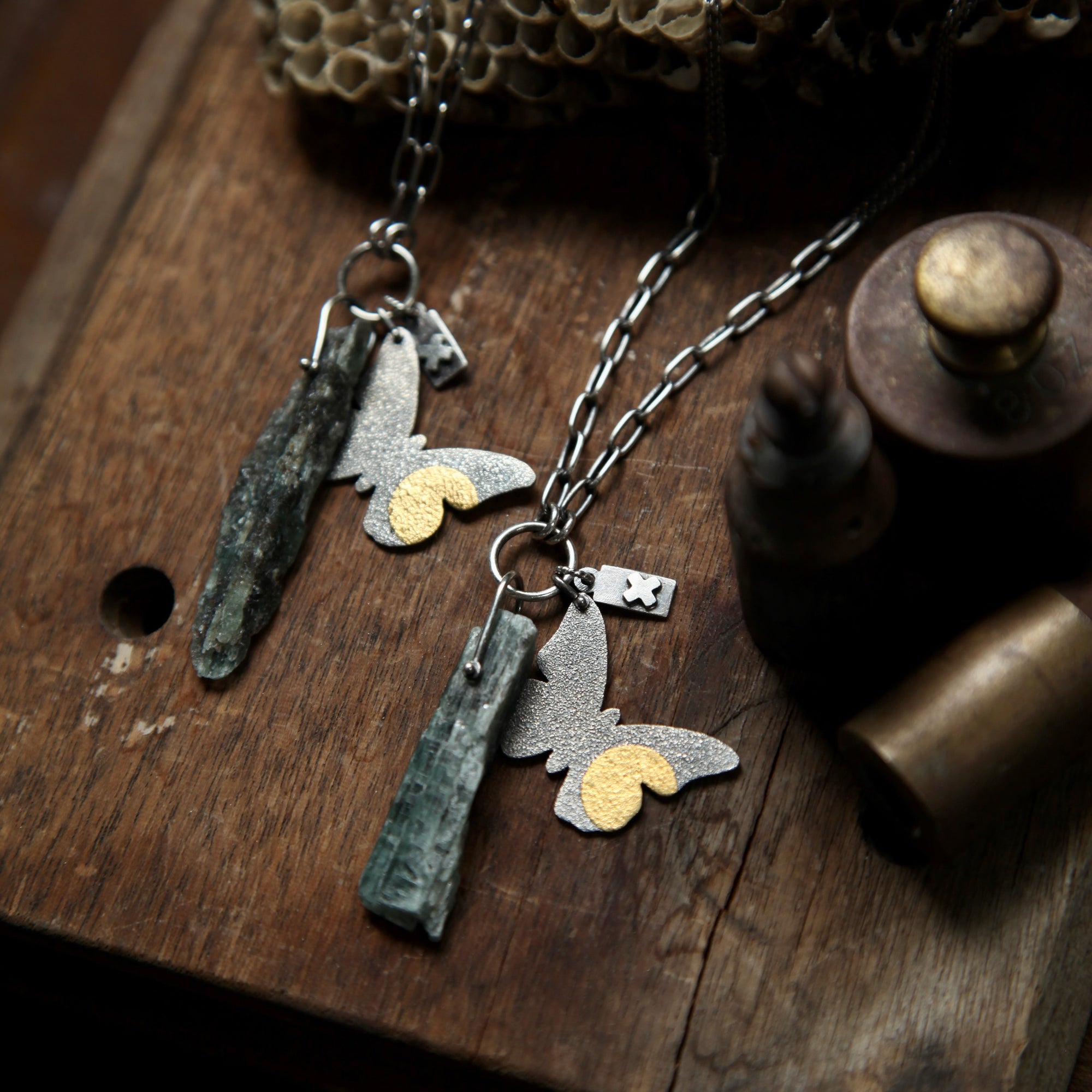 Solace in stone - Sterling Silver + 24K Gold and Kyanite Necklace