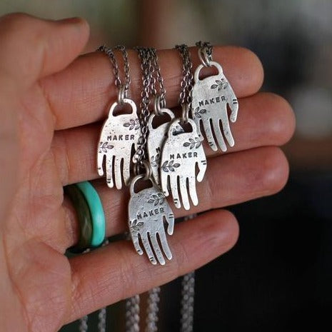 Maker/Hands Dirty - Silver Hand Necklace